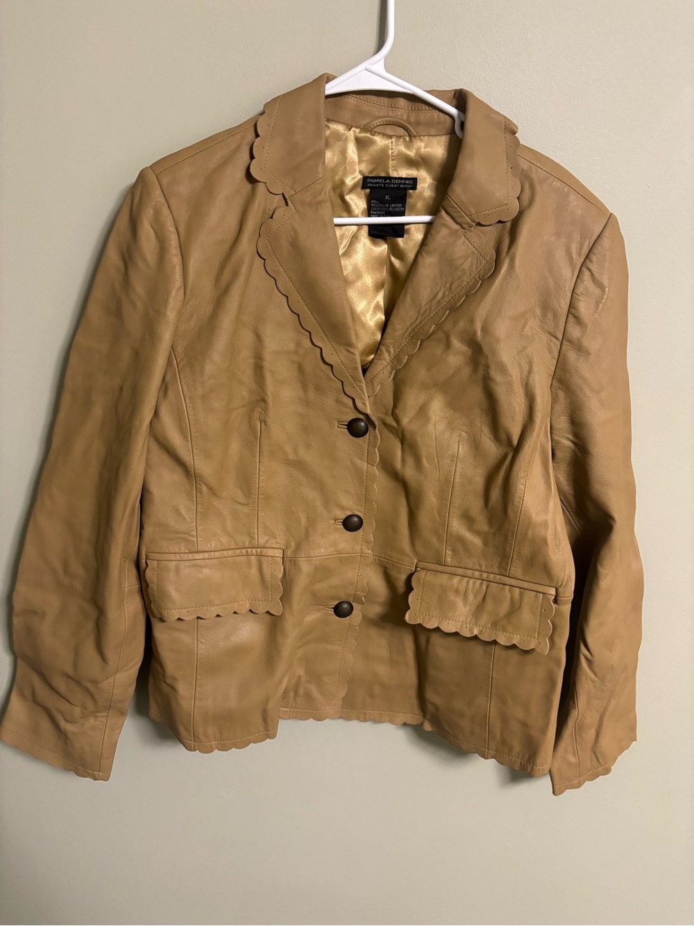 Pamela Dennis Tan 100% Genuine Leather Blazer Jacket Size XL Scalloped 3 Button
